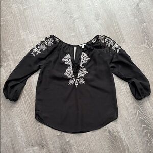 American Eagle Outfitters Black Sheer Blouse with White Embroidery
